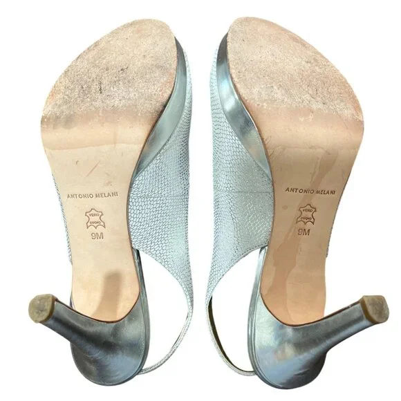 Antonio Melani Silver Peep-Toe Slingback Heels Embellished Evening Wedding Size - Picture 7 of 9